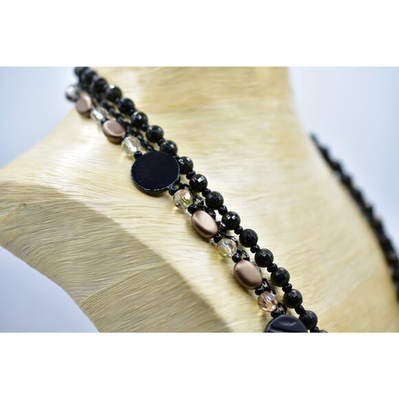 CG Statement Necklace Black Beaded Bronze Faux Crystal Triple Strand Shiny Bin5 - Picture 7 of 12